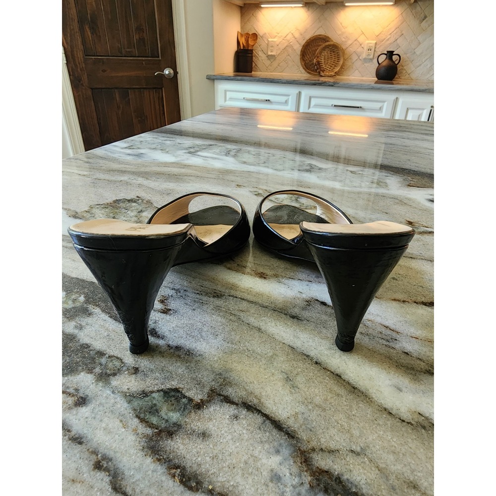 Vintage Prada Black Patent Leather Open Toe Kitten Heel Mules Sandals Size 36.5 - Picture 6 of 12